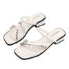 Fashion sandals bow new style wind pearl one-word transparent belt women's large size square head high-heeled slippers