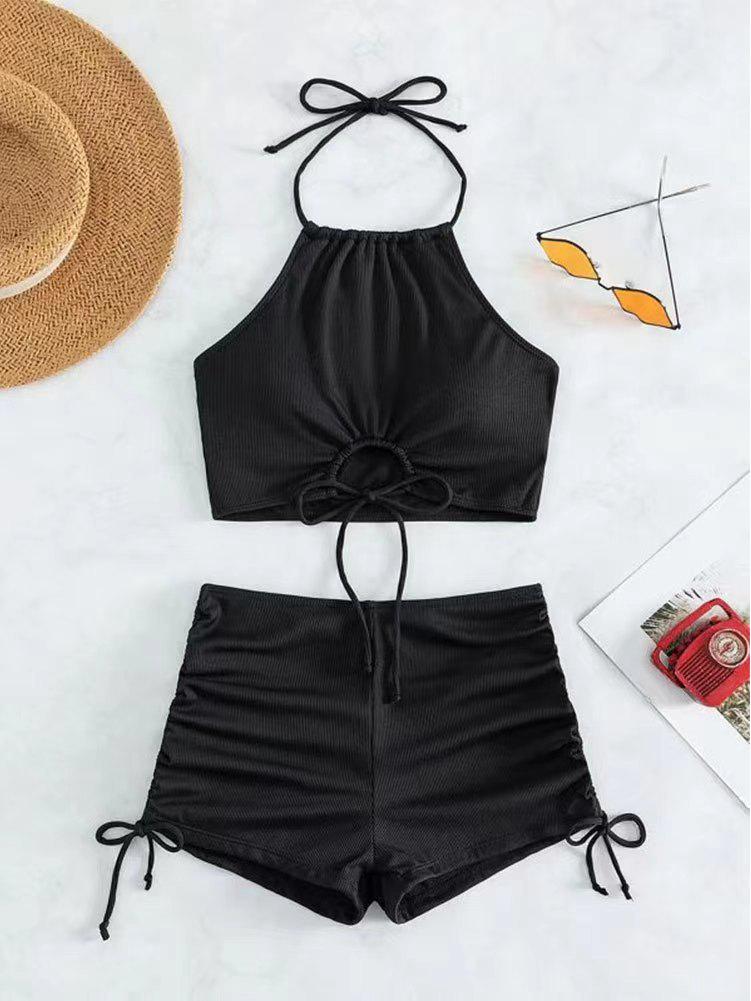 European & American Women’s Hot Spring Conservative Solid Color Backless Bikini Swimsuit