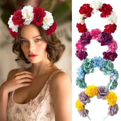 Rose Flower Bohemian Headband Women Bride Floral Wreath Head Hoop Hair Accessories Wedding Festival Mexican Party Decoration