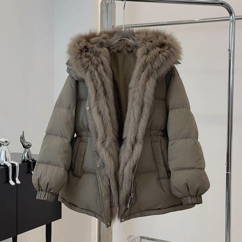 

Бавовняна куртка Модна жіноча зимова куртка середньої довжини зі стягнутим поясом Бавовняна куртка з великим хутряним коміром M кавовий