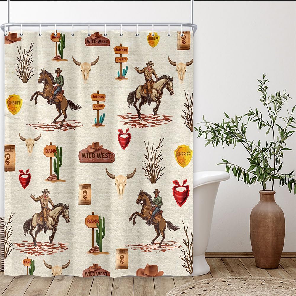 Westlicher Cowboy-Duschvorhang, Bauernhaus Landhaus Badezimmer Dekor, Wüstenkaktus Wild West Cowboy reitet Pferd Duschvorhang Set