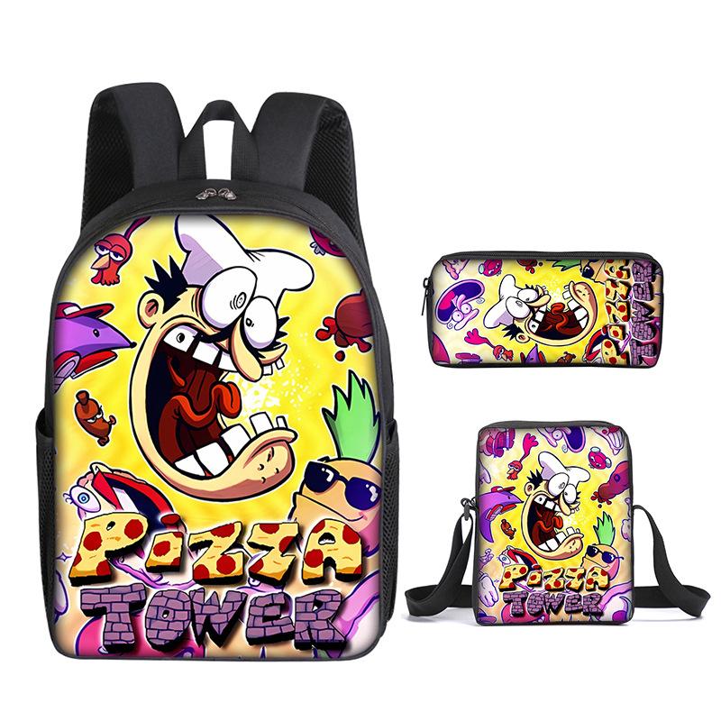 Mode Nouveauté Luxe tour à pizza Impression 3D 3 pièces/Ensemble élève Sacs d'école Sac à dos pour ordinateur portable Sac à dos Sac à bandoulière incliné Trousse à crayons