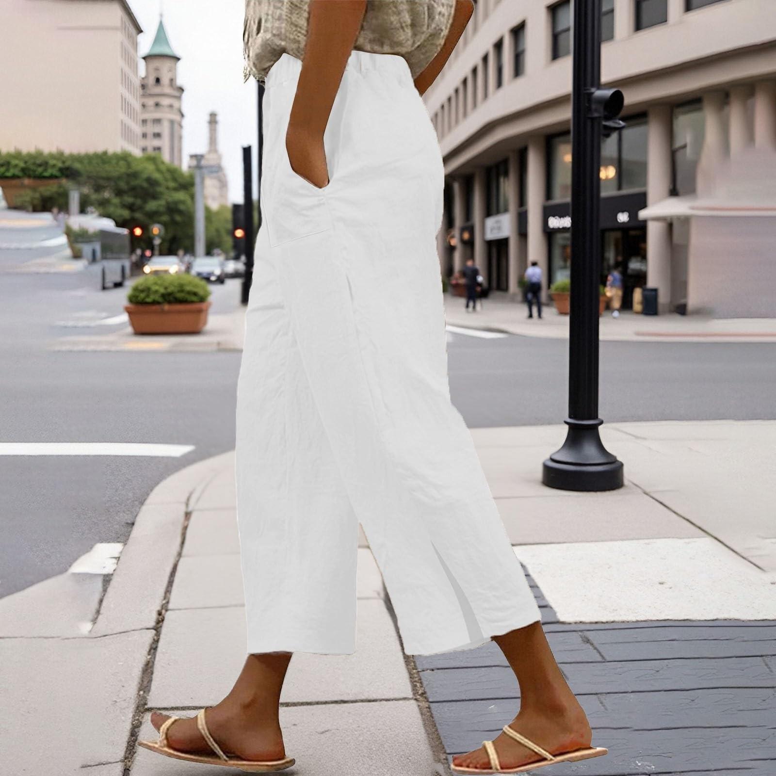 

Женские однотонные брюки кэжуал с эластичной талией, свободные льняные укороченные брюки с карманами XL белый