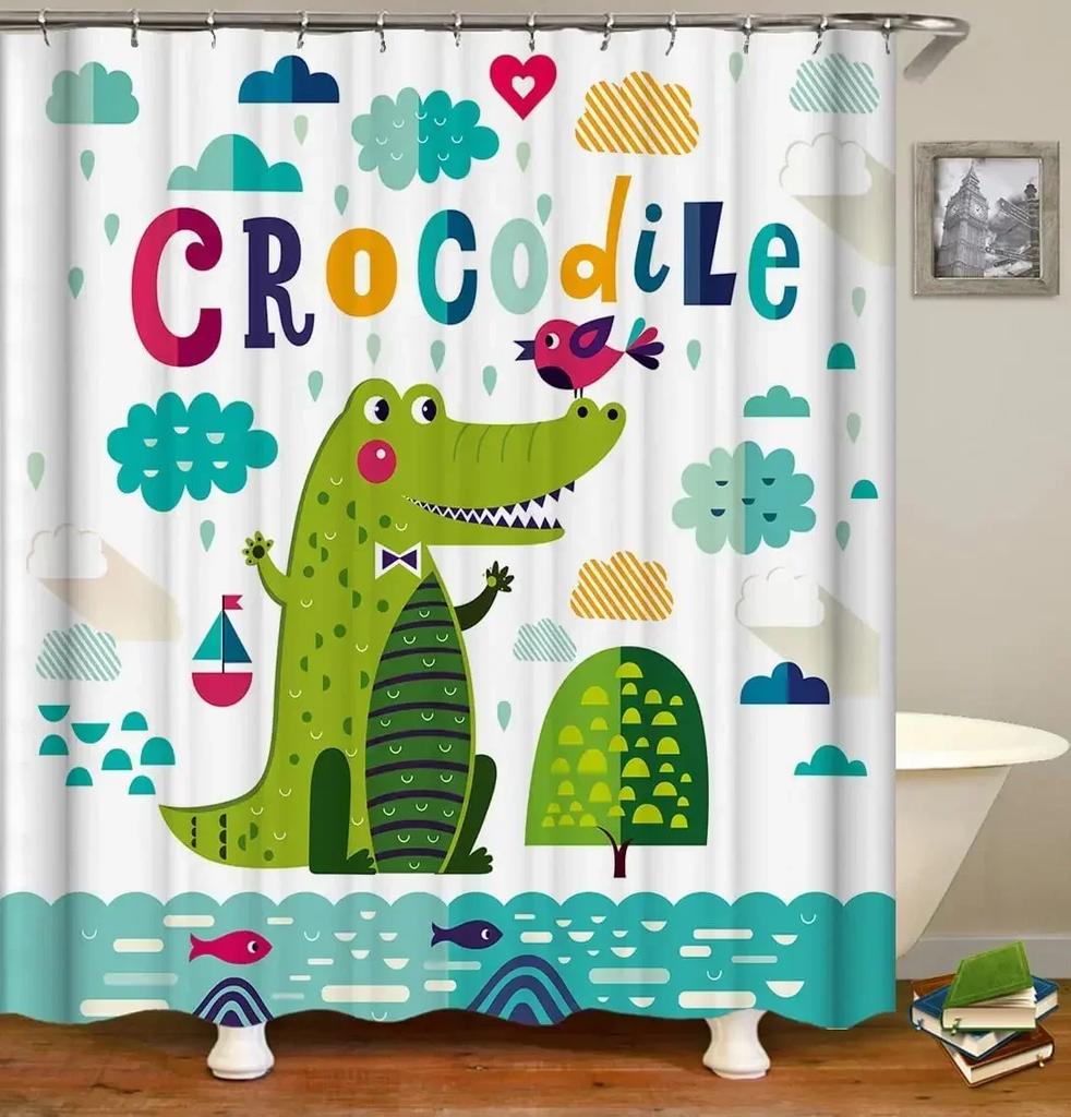 Vtipné dinosaurie sprchové závesy pre deti Čiernobiele kreslené zvieracie siluety na kúpanie Textilný set do detskej kúpeľne s háčikmi