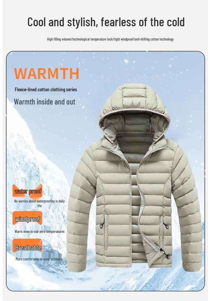 Men's Versatile Windproof Ribbed Cotton Jacket with Detachable Hood and Fleece Lining