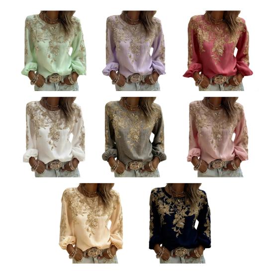 Women Tops Round Neck Long Sleeve 3D Digital Flower Printing Tee Shirt Retro