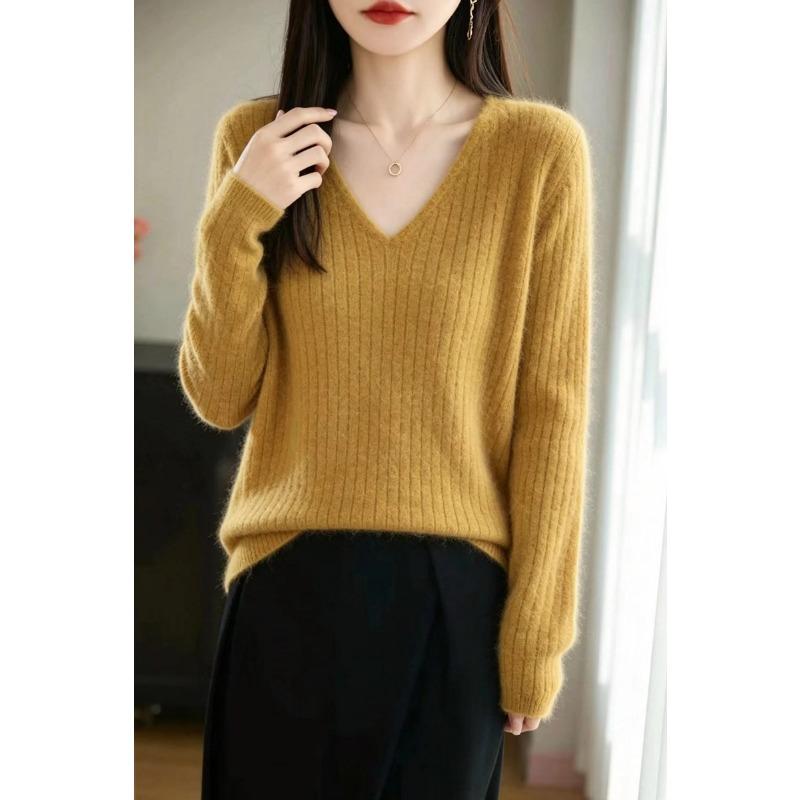 Women S V Neck Long Sleeve Wool Knit Pullover Slim Fit Fall Winter Inner Top