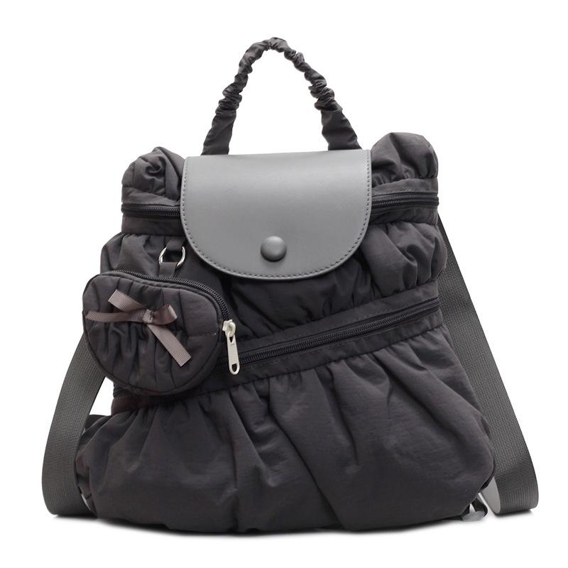 Solid Color Backpack Women's Pleated Handbag with Coin Purse