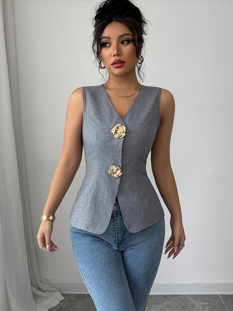2025 Summer Rose Button Sleeveless Slimming Vest – Elegant Commute Style