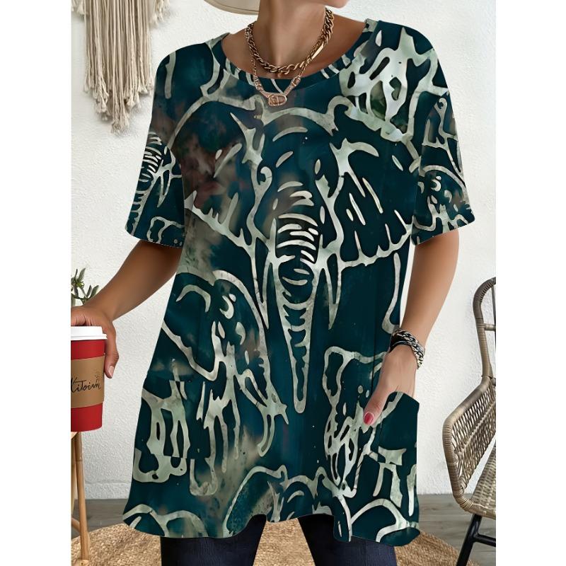 

This Women S Large Short-Sleeve T-Shirt Features an Elephant Design And Pockets 2XL