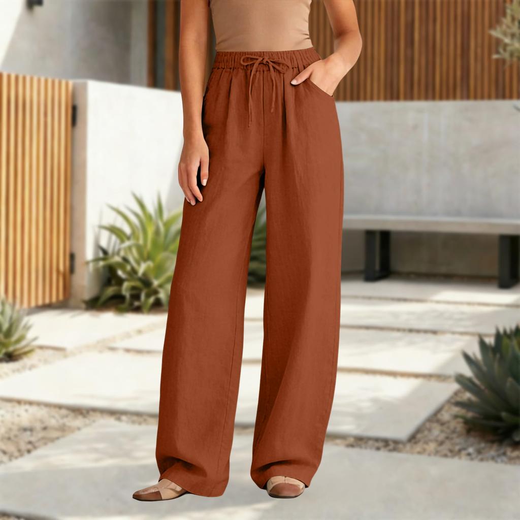 Women's Casual Relaxed Fit High-Waisted Belted Pocket Cotton-Linen Blend Trousers