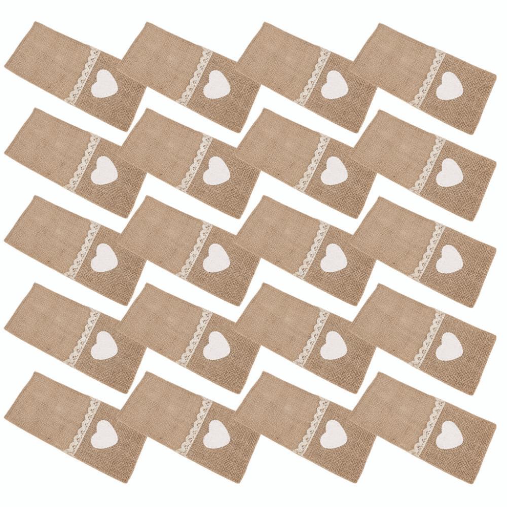 20pcs Original Color Jute Lace Cutlery Holder Heart Shape Burlap Utensil Holders  Wedding Decor