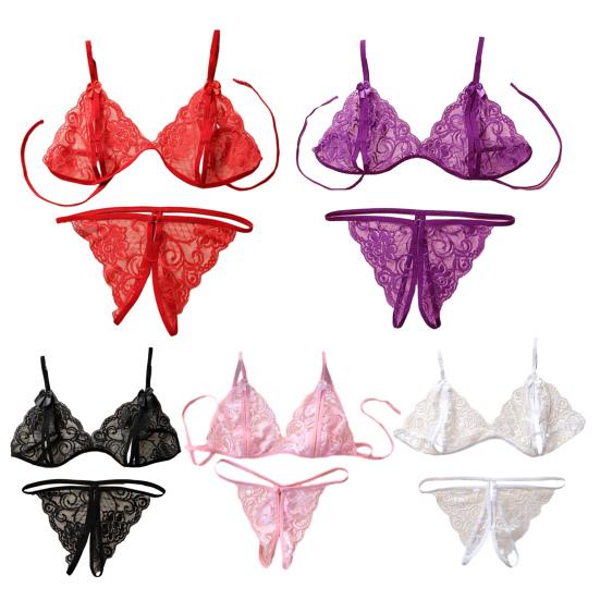 Set Sexy Transparent Sutiene și Chiloți Dantelă Florală Plasă Babydoll Set Lenjerie Intimă 2 Piese Sutiene Triunghiulare Transparente G-String Tangă cu Bretele pentru Femei
