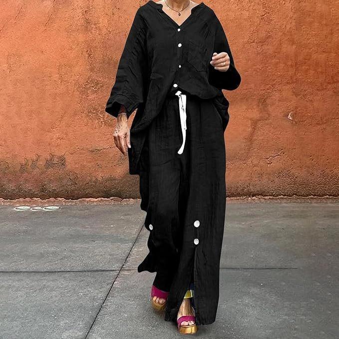 Ledig khakifärgad skjorta med knappar och vida byxor med dragsko i midjan