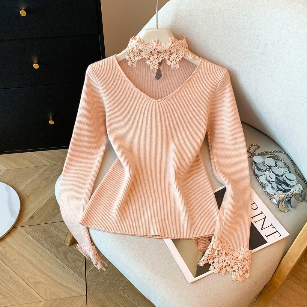 French collar V-neck lace knit sweater, autumn/winter new long-sleeve sweater, slim fit, base layer