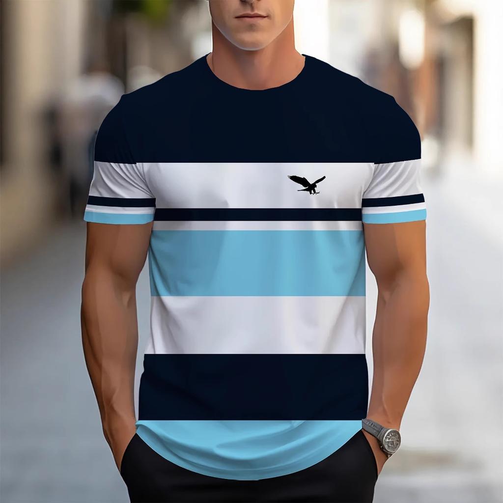 3D digital printed color striped men's casual and comfortable loose men's short sleeved shirt