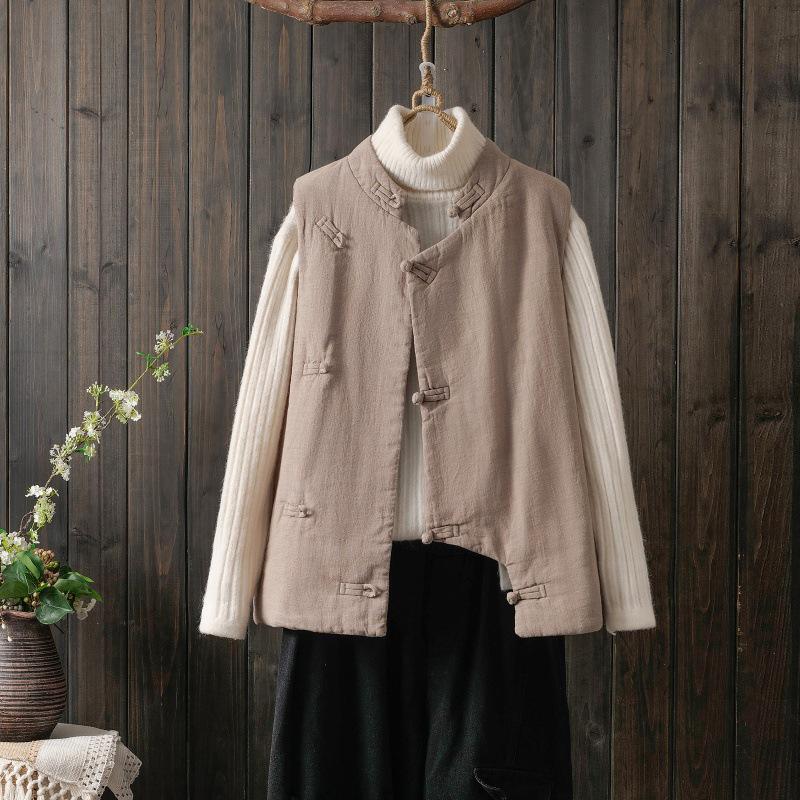 

Women s Thickened Cotton Vest 2025: Stand Collar Ethnic Style with Hand-sewn Frog Buttons Jacket XL
