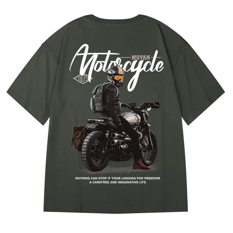 Motorcycle Boy T-Shirt Men Vintage 100% Cotton Short Sleeve Tops Tees 2023 American Hip Hop High Street Oversized T-Shirt 8XL