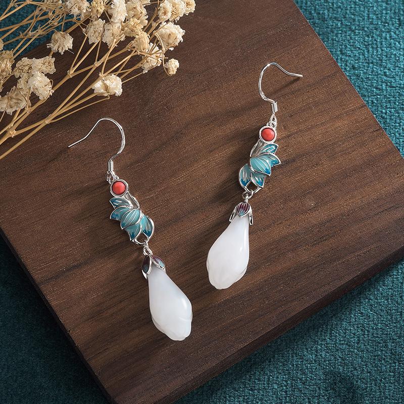 Chinese Retro Style Enamel Earrings with Imitation Hetian Jade Lotus in 925 Sterling Silver for Women