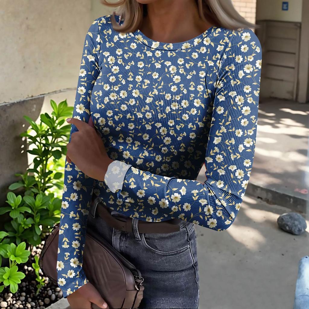 Women's  Slim Bottom T-shirt Fashion Casual Gradient Printing Round Neck Pullover Long Sleeve Top