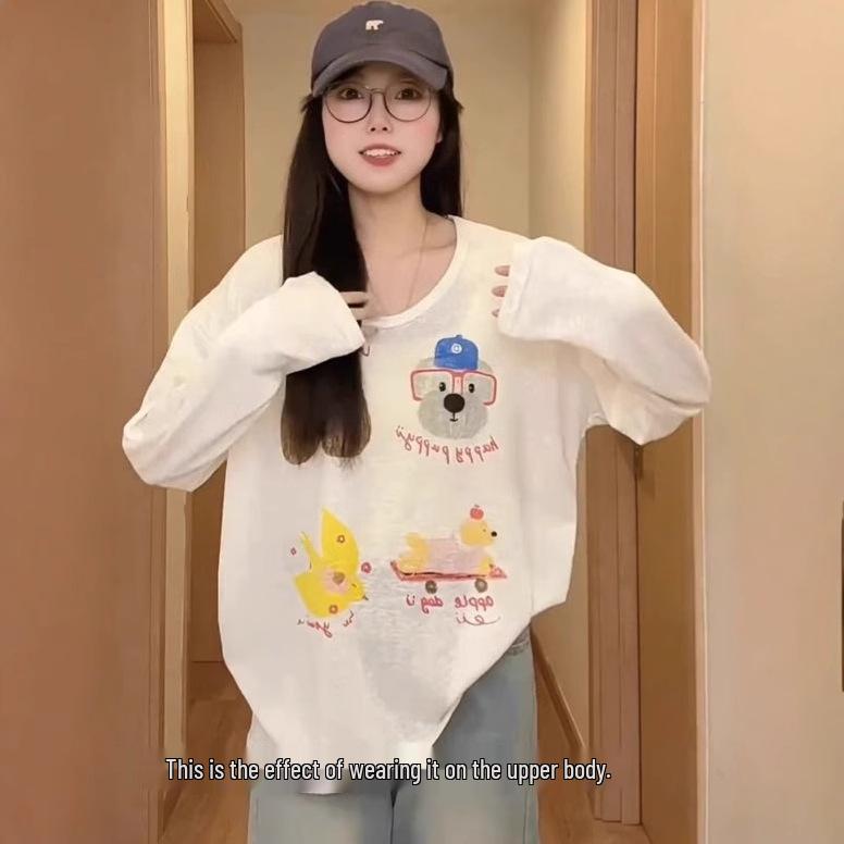 

Korean Cartoon Puppy Print Women s Loose Long Sleeve Summer T-shirt Large
