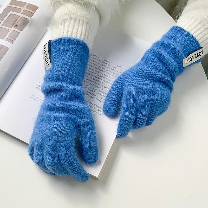 Dopamine dew finger gloves women's warm and cold-proof long winter solid color blended knitted five fingers
