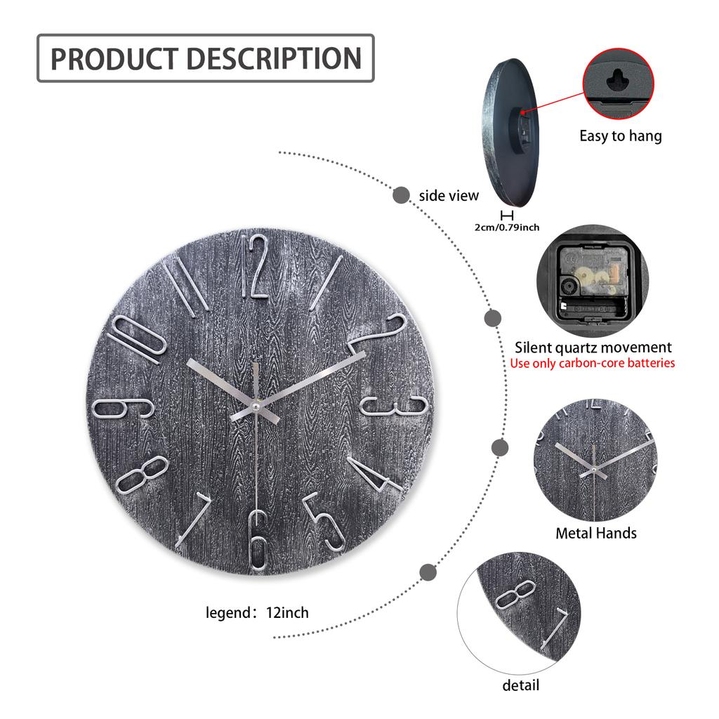 12inch Retro Gray Wall Clock with Silver 3D Numbers, Silent Non-Ticking Quartz Decorative Clock, Rustic Wood Grain Creative Hollow Round Wall