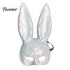 Nightclub Dance Mask Disco Mirror Rhinestone Rabbit Mask, Sparkly Glitter Bunny Face for Halloween Party, Shiny Reflective Ear Festive Cosplay