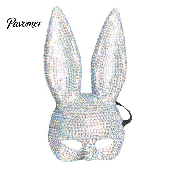 Nightclub Dance Mask Disco Mirror Rhinestone Rabbit Mask, Sparkly Glitter Bunny Face for Halloween Party, Shiny Reflective Ear Festive Cosplay