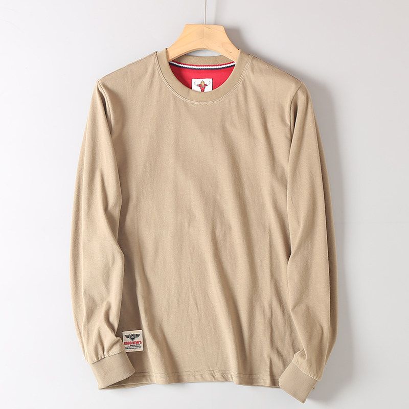 Export Surplus Cotton Round-Neck Solid Color Long-Sleeve T-Shirt for Men, Washed and Brushed, Hk Cut Label, Comfortable Base Layer Shirt