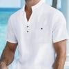 Men's Cotton Linen Short-Sleeve Shirt with Stand Collar & Half-Button Placket - Casual Outdoor Leisure Wear for Spring and Summe