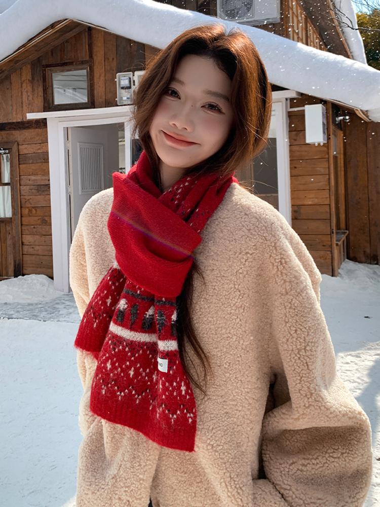 Retro Red Green Print Fashion Winter Women Knit Scarf Headscarf Casual Preppy Scarve Lady Mujer Wrap Shawl Korean New Christmas