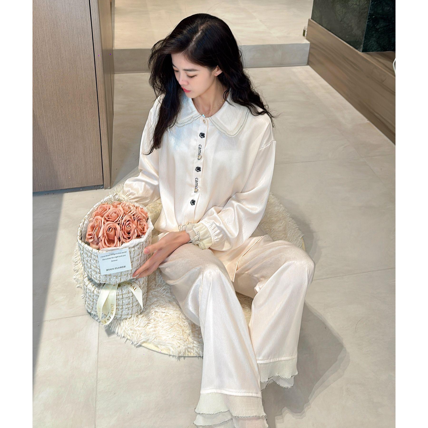 

Тонкая женская пижама из тонкого атласа с длинными рукавами и узором «елочка» из ледяного шелка на весну и осень XL