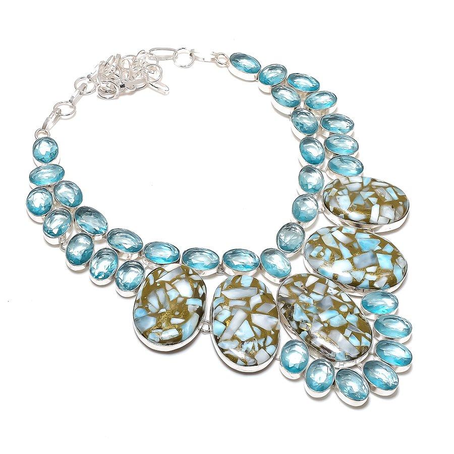 

Natural Copper Larimar, Topaz 925 Sterling Silver Jewelry Necklace 18 AN-2211
