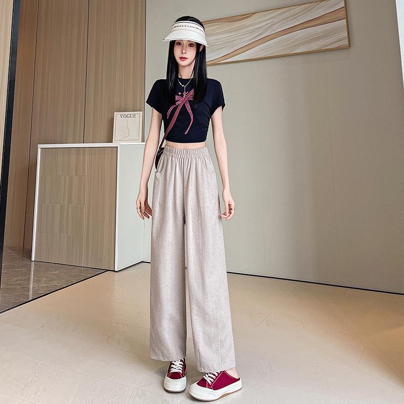 

2026 Ice Silk Cropped High Waist Wide Leg Milk Puff Pants - Loose Fit, Casual, Summer Wear Extra Large хаки