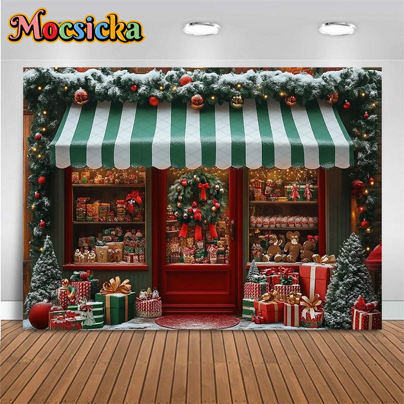 Mocsicka Christmas Shop Photo Background Winter Snow Gift House Store Decorations New Year Party Backdrops Photography Wallpaper