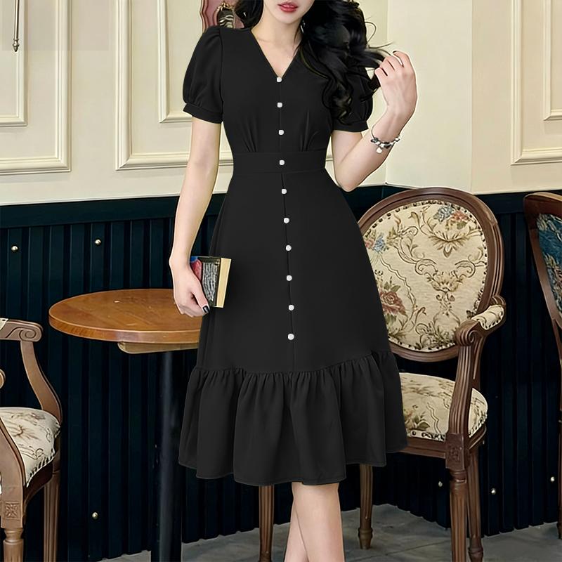 ZANZEA Women Casual V-Neck Short Sleeve Elegant Ruffles Hem Dress