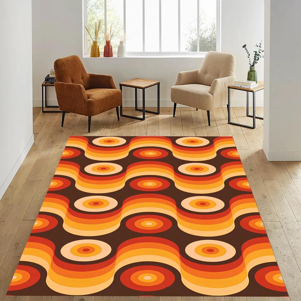 Retro Wzór Łuku Zachodzącego Słońca Dywanik Pomarańczowy Odjazdowy Dywan do Stylowego Wystroju Salonu, Styl Boho Color Pop lub Żywy Wzór na Podłogę