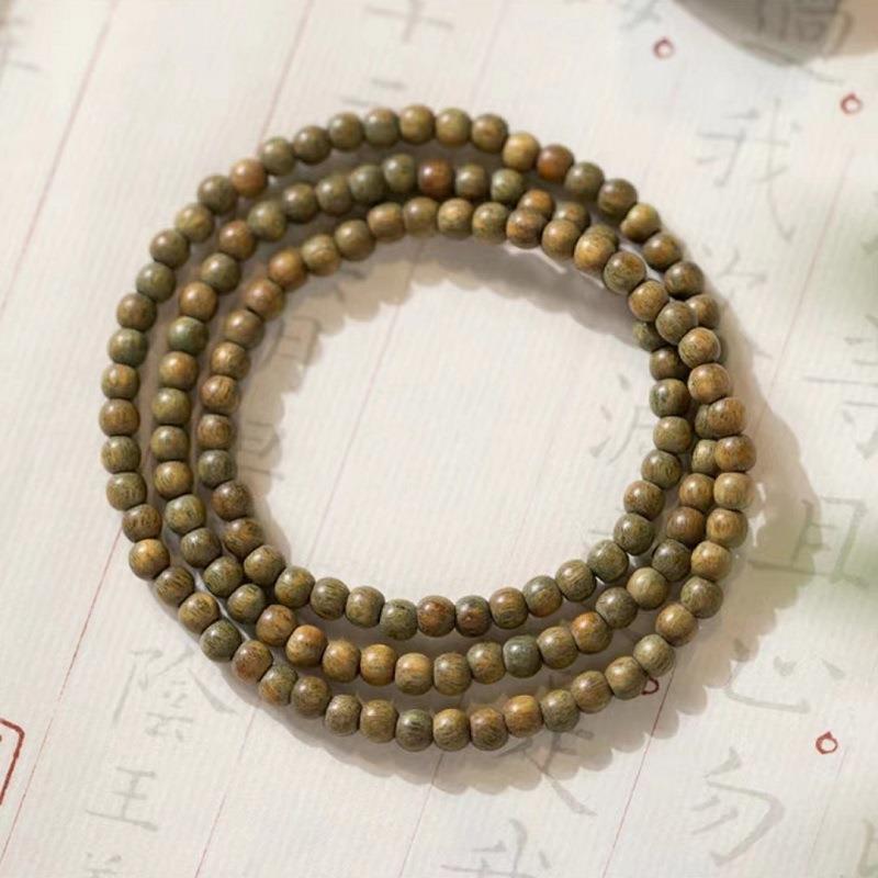 4mm Green Sandalwood & Hetian Jade Bead Bracelet - Ancient & Refined Buddhist Style for Women