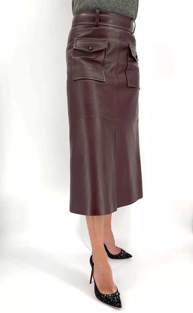 Настоящая мягкая овечья кожа стильная коричневая новая женская юбка ручной работы для вечеринки M коричневый