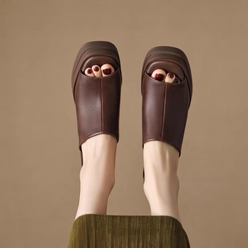 2025 Women Genuine  Shoes Peep Toe Platform Chunky High Heel Slides Ladies Fashion Casual Slippers Summer Spring Brown