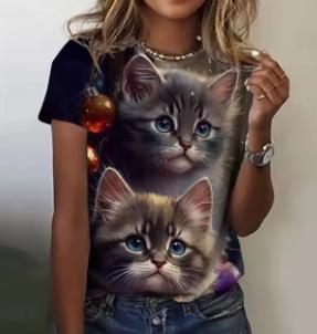 Fashion Women's T-Shirt Printed Kawaii Cat Pattern Short Sleeve Crew Neck Top Summer Outdoor Casual Street
