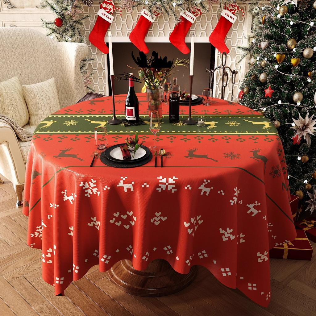 Christmas New Year Decor Round Tablecloth Waterproof Heat Resistant Washable Table Cover