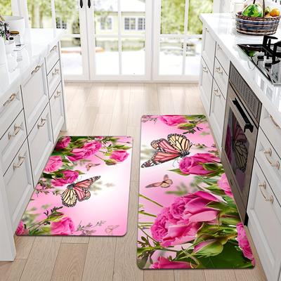 1 pièces papillon volant sur la Rose Rose tapis de cuisine tapis de cuisine anti-fatigue tapis imperméable antidérapant ensemble tapis de couloir tapis de chevet tapis absorbant