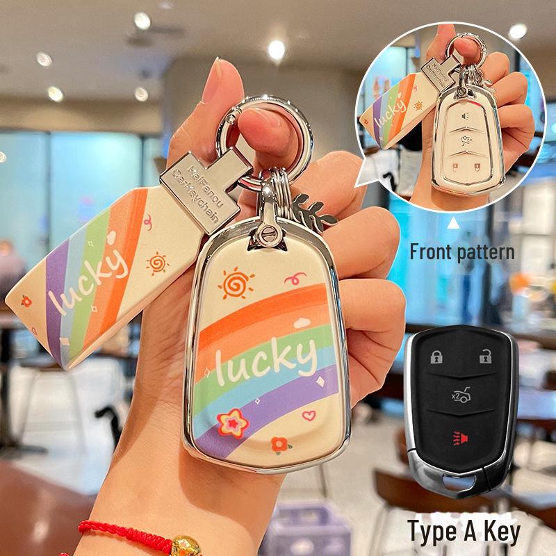 Cadillac CT5 Rainbow Cartoon Pattern Key Cover: Full Package TPU Protective Shell for XT5/XT4/XT6 Model.