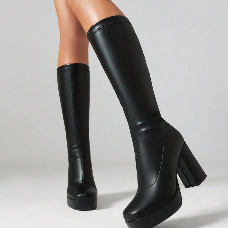 Women's Knee-High Elastic Boots Square Toe Water-Resistant Platform Chunky Heels Shoes New Fashion Street Style Footwears