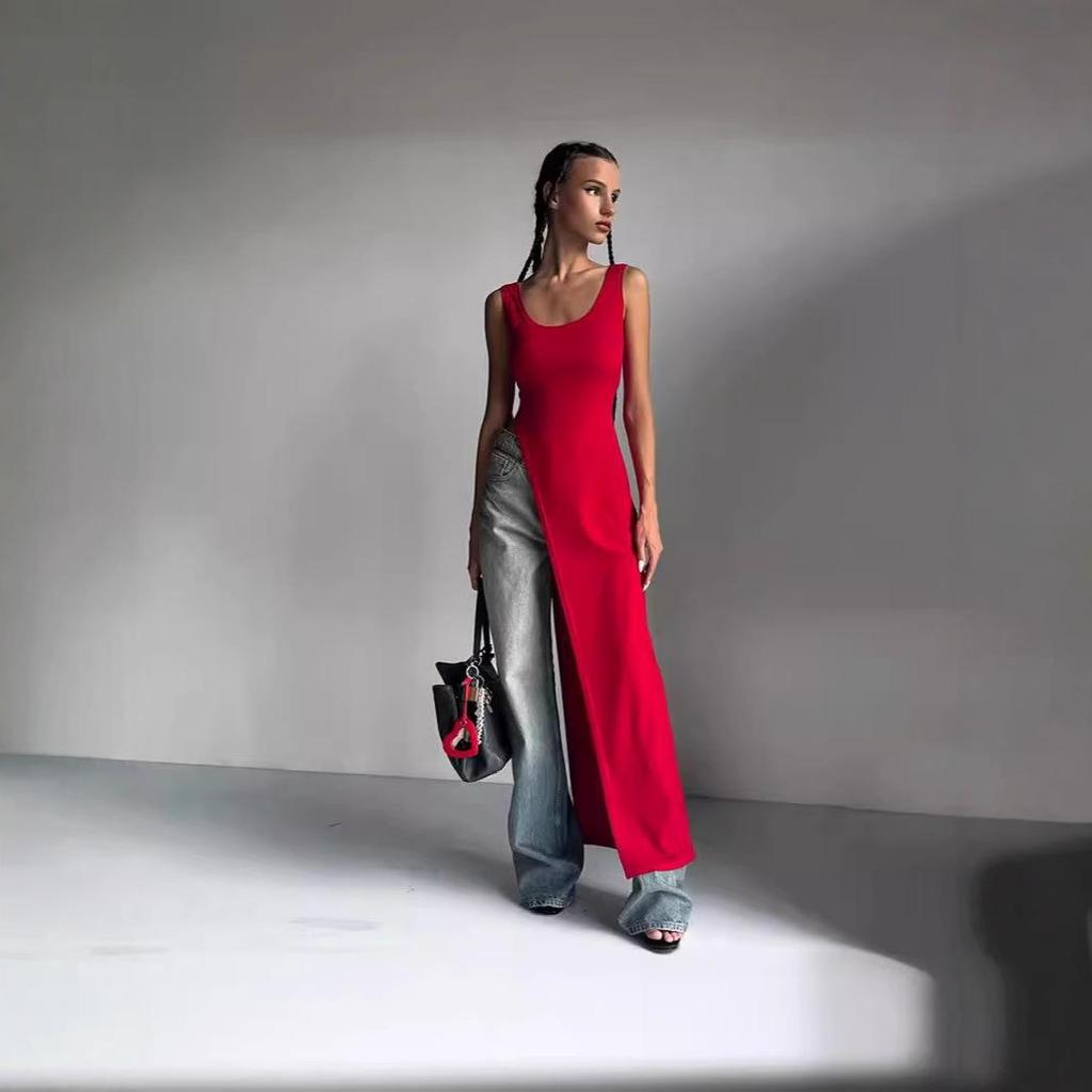 Women's 2025 Summer Fashion: Street Style Slit Shoulder Strap Camisole Long Vest