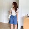 New Arrivals Open Run Women Casual Double Pleat Dark Blue Cotton Shorts