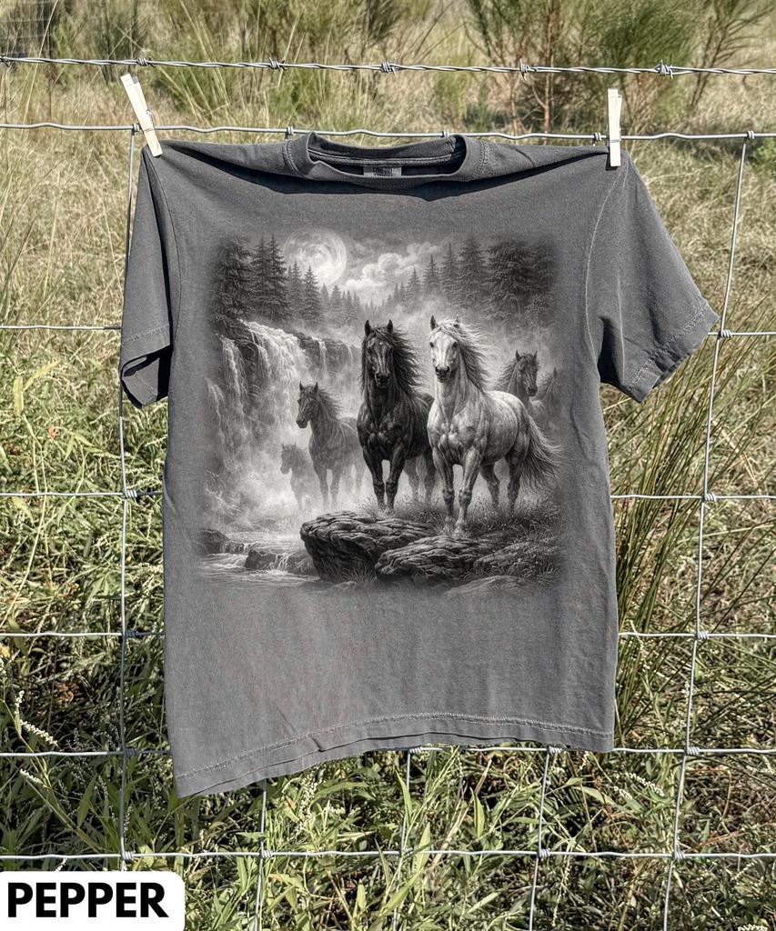 Woodland Horses Graphic T-Shirt,Horse Lover Top,Vintage Forest Adventure Top,Rustic Outdoor Animal Lover Gift,2000s Horse Gift