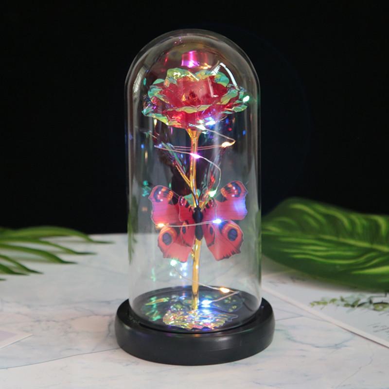 Butterfly Glass Cover Rose Ornament, Mother's Day Valentine's Day Creative Gift Gold Foil Flower LED Night Light